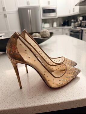 Christian Louboutin Nude Mesh Crystal-Studded Pointed-Toe Pumps